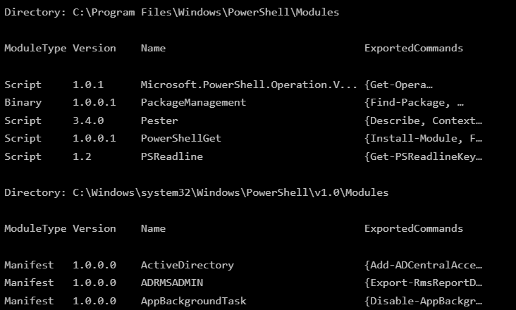 Get-Module output confirming ActiveDirectory is installed