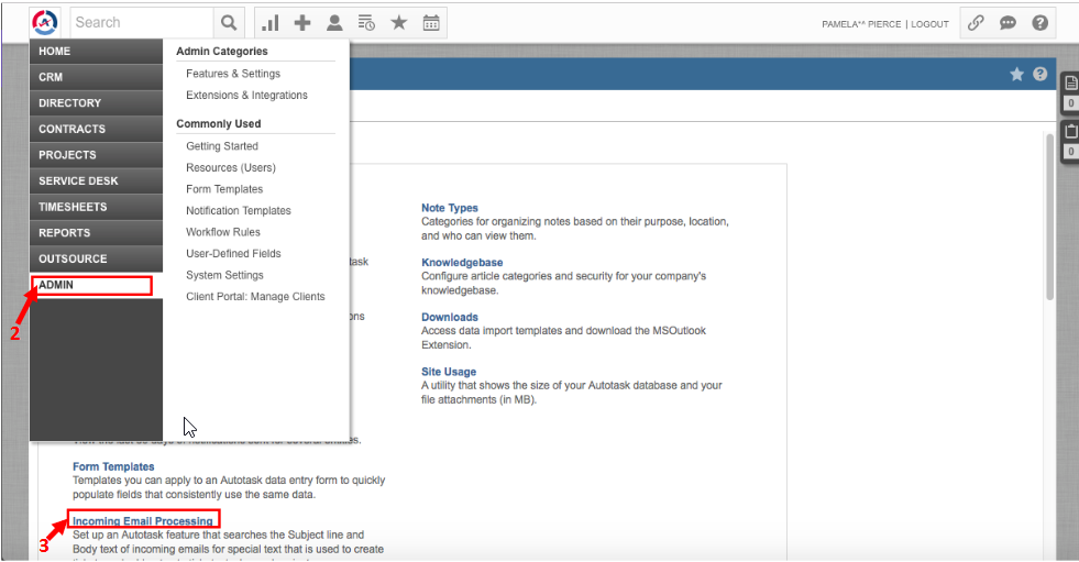 Autotask email configuration screen 1