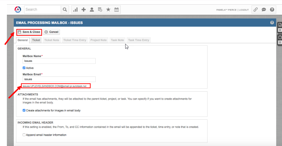Autotask email configuration screen 3