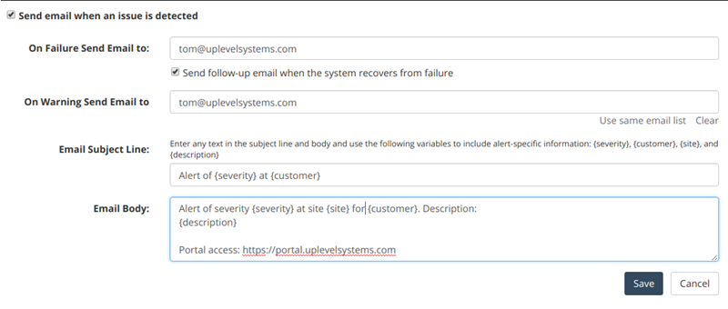 Notification settings showing the variable-driven template