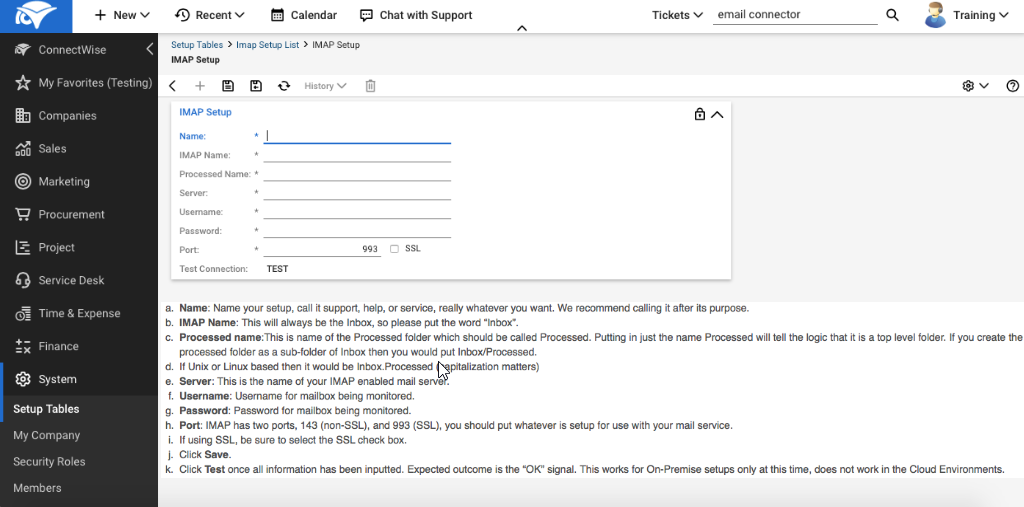 ConnectWise email connector configuration screen 3