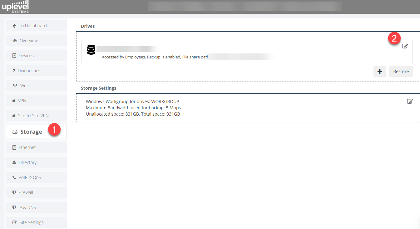 Storage page with the Configure Backup option
