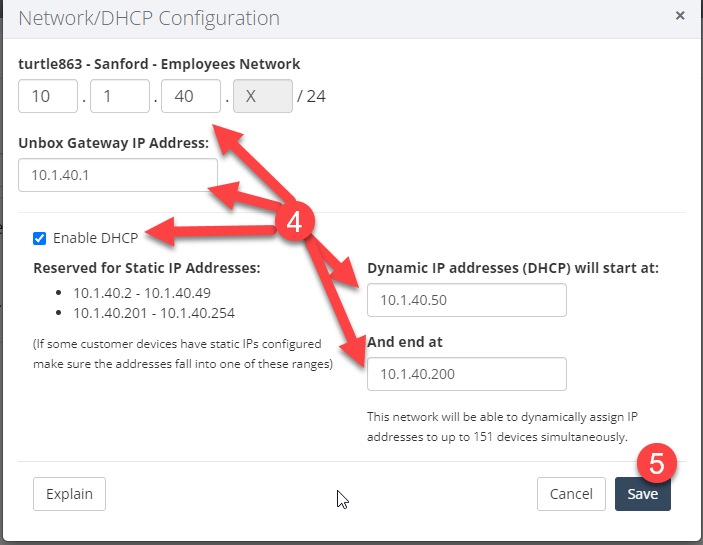 VLAN details with the DHCP server toggle