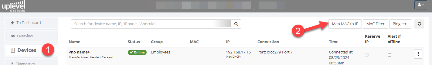 DHCP reservation table mapping MAC addresses to IP addresses