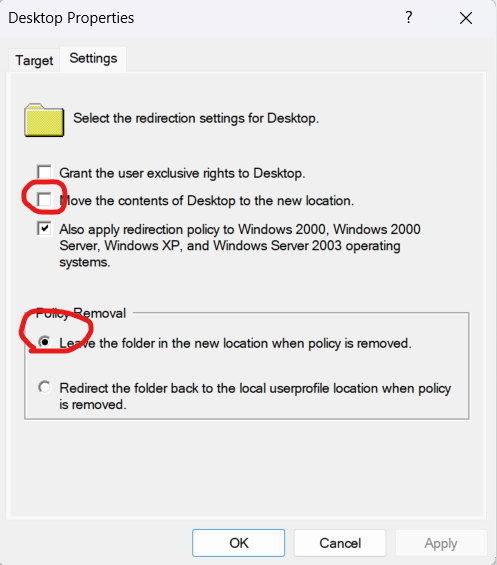 Settings tab options for folder redirection