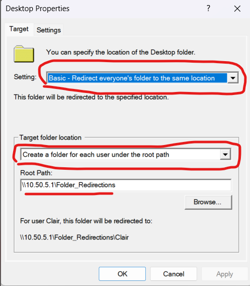 Target tab with Basic redirection and per-user root path