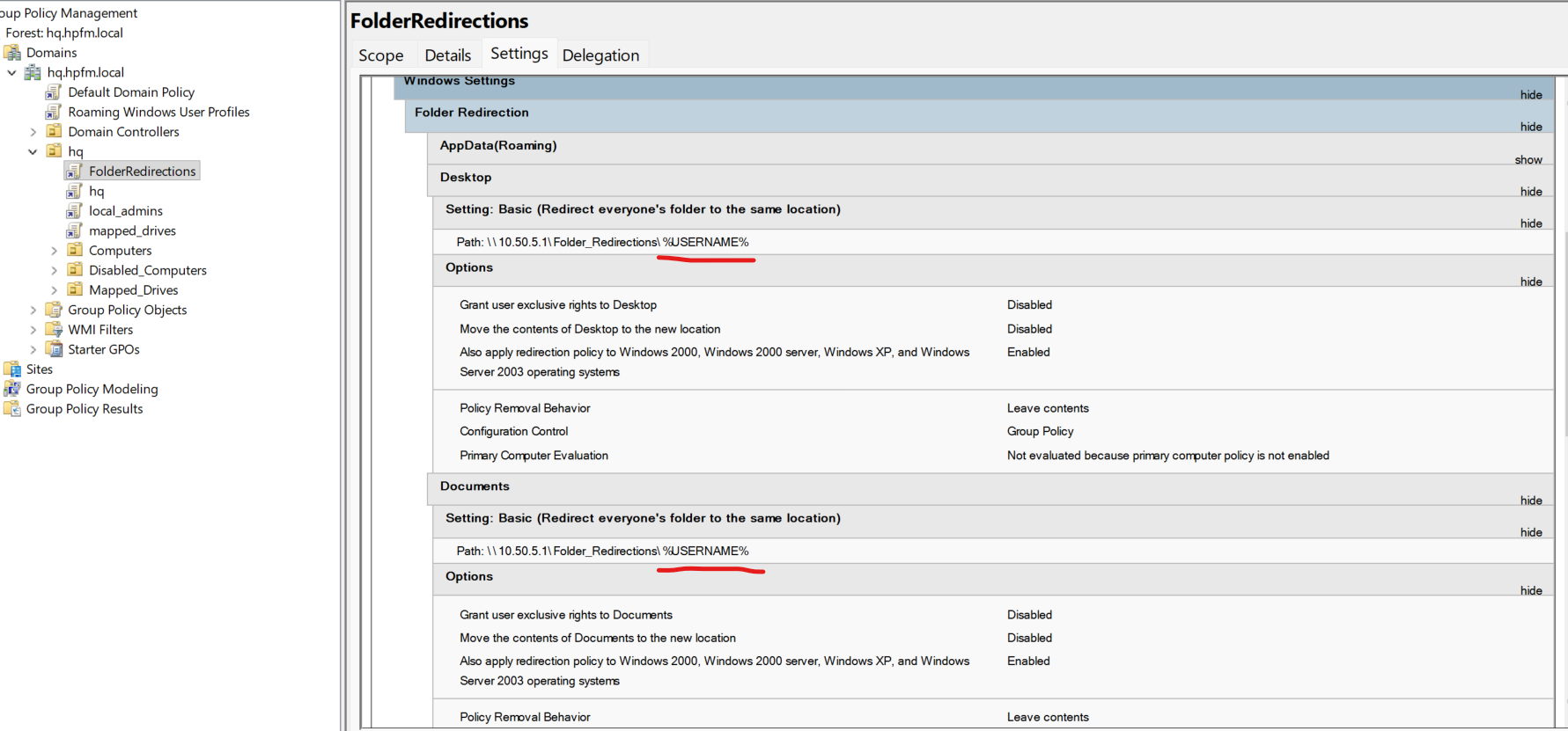 Documents folder reporting its target as the redirected share