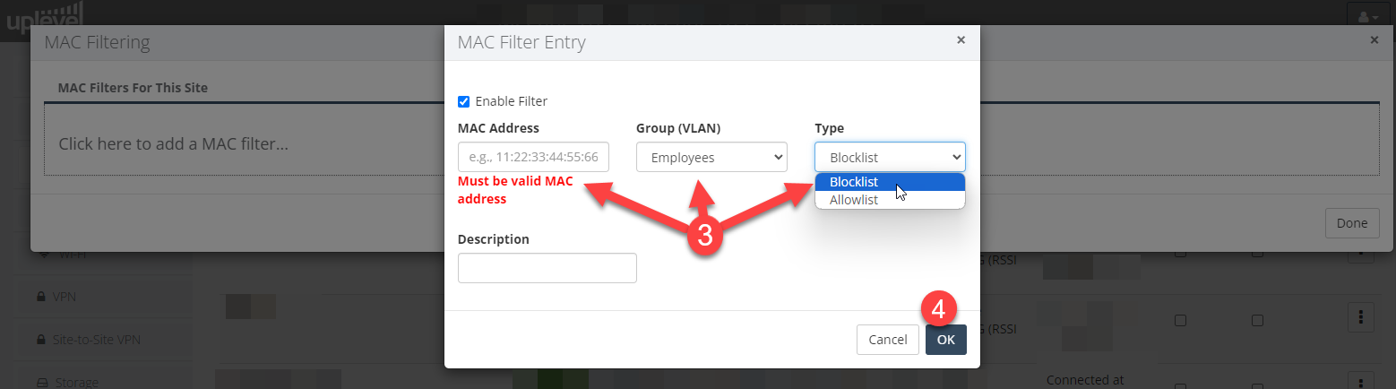 Existing MAC filters listed in the Portal