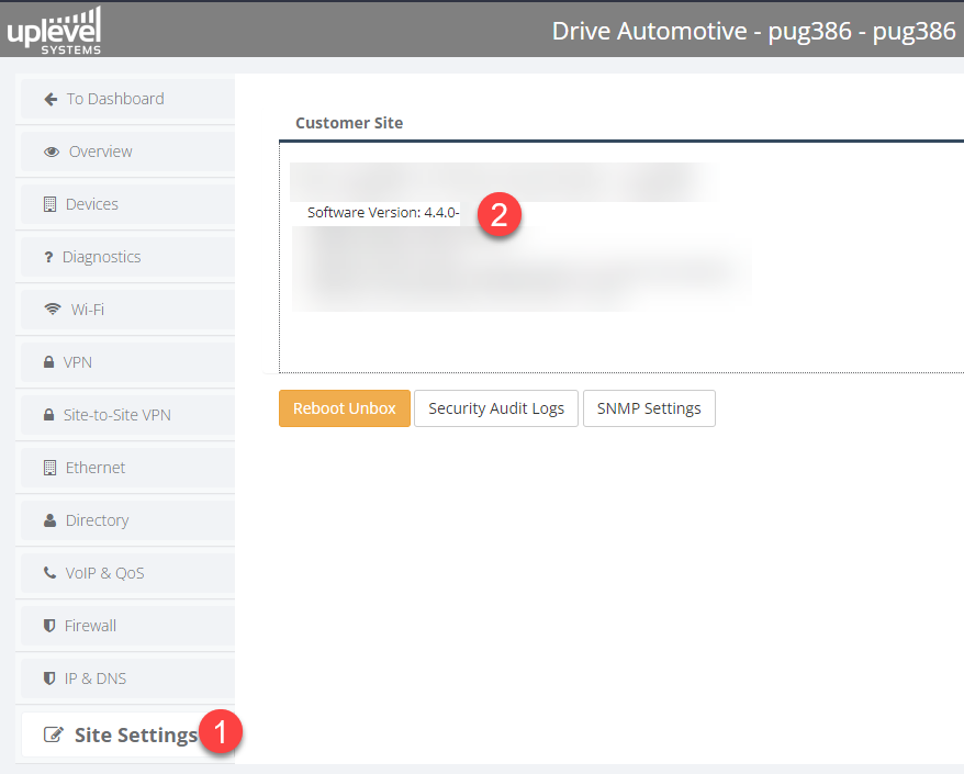 Firmware version visible in Site Settings