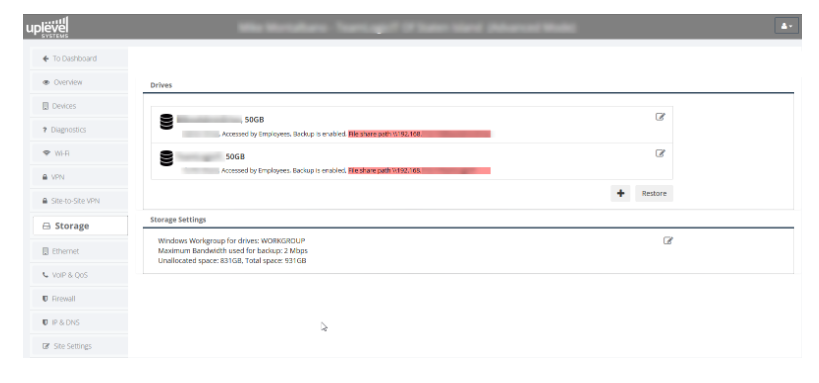 Storage page with the File Share Path visible