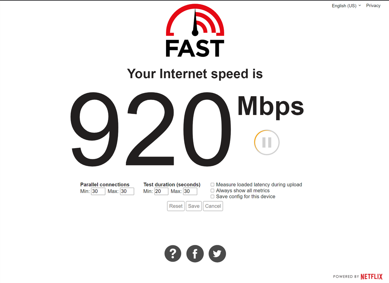 Fast.com test with 30 parallel streams showing higher throughput