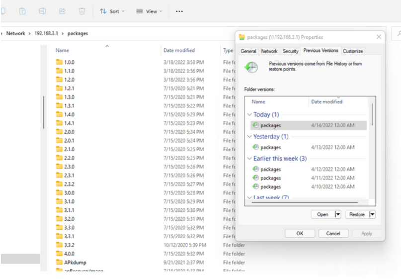 Windows File Explorer Previous Versions tab showing snapshot history