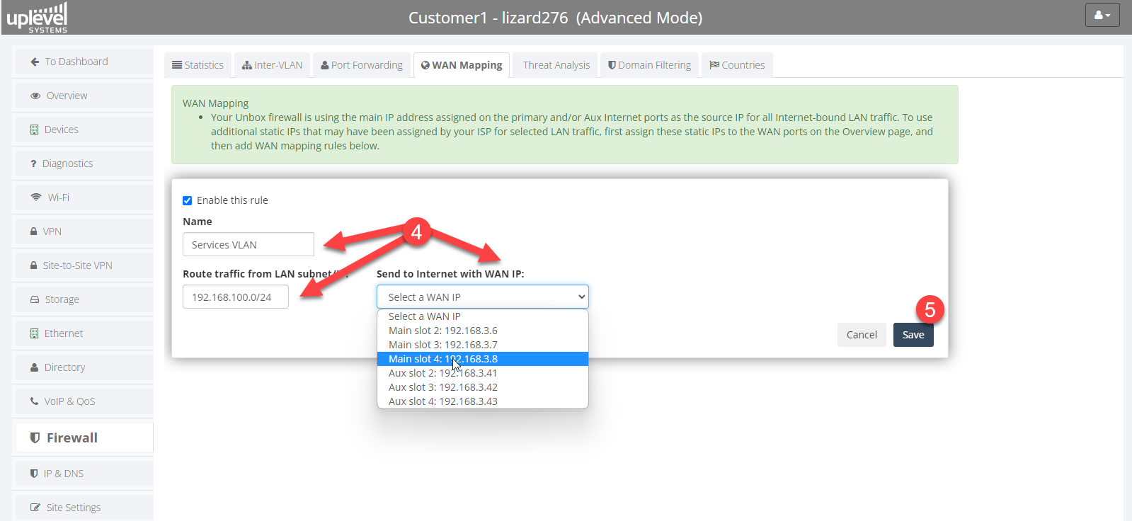 WAN mapping showing a LAN subnet mapped to an additional WAN IP