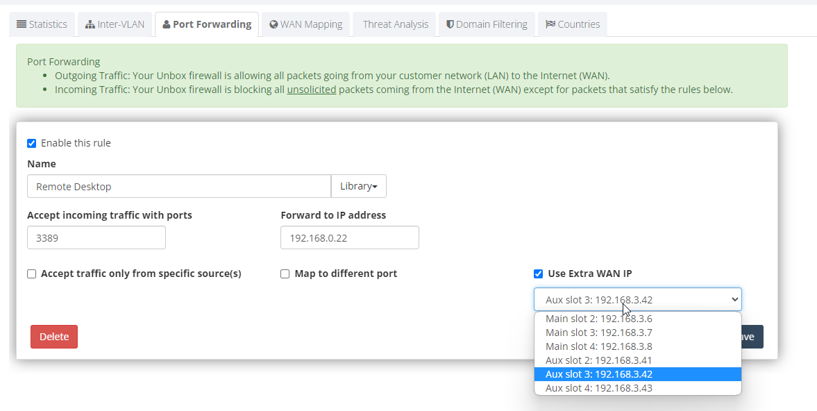 Port forwarding rule mapping a WAN IP to a LAN host