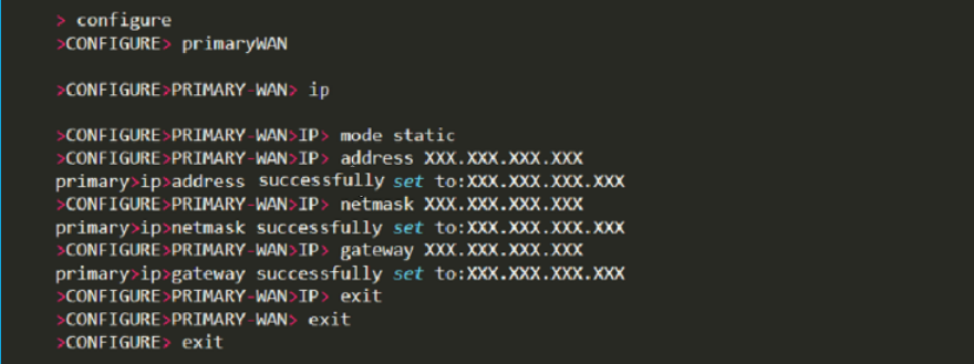 Static IP configuration entered at the console