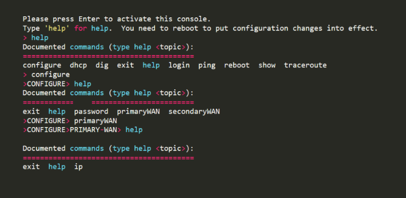 Help command output in the console