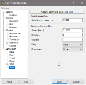 PuTTY configured for the gateway console