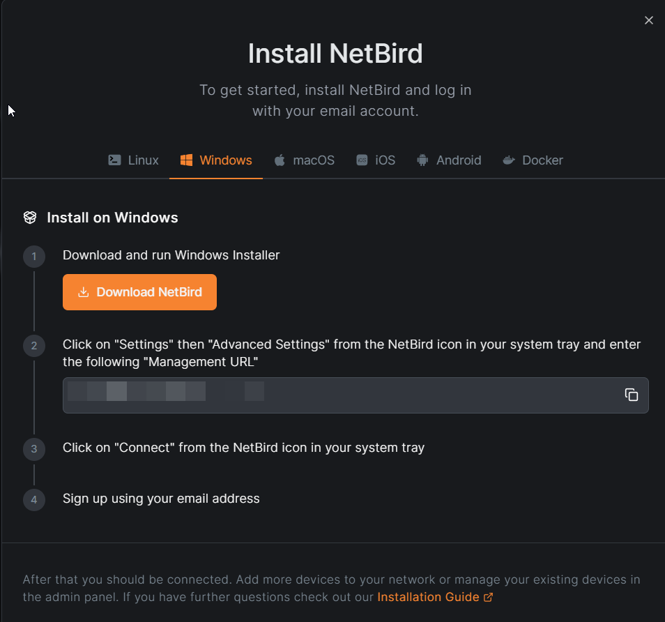 Netbird per-platform install instructions